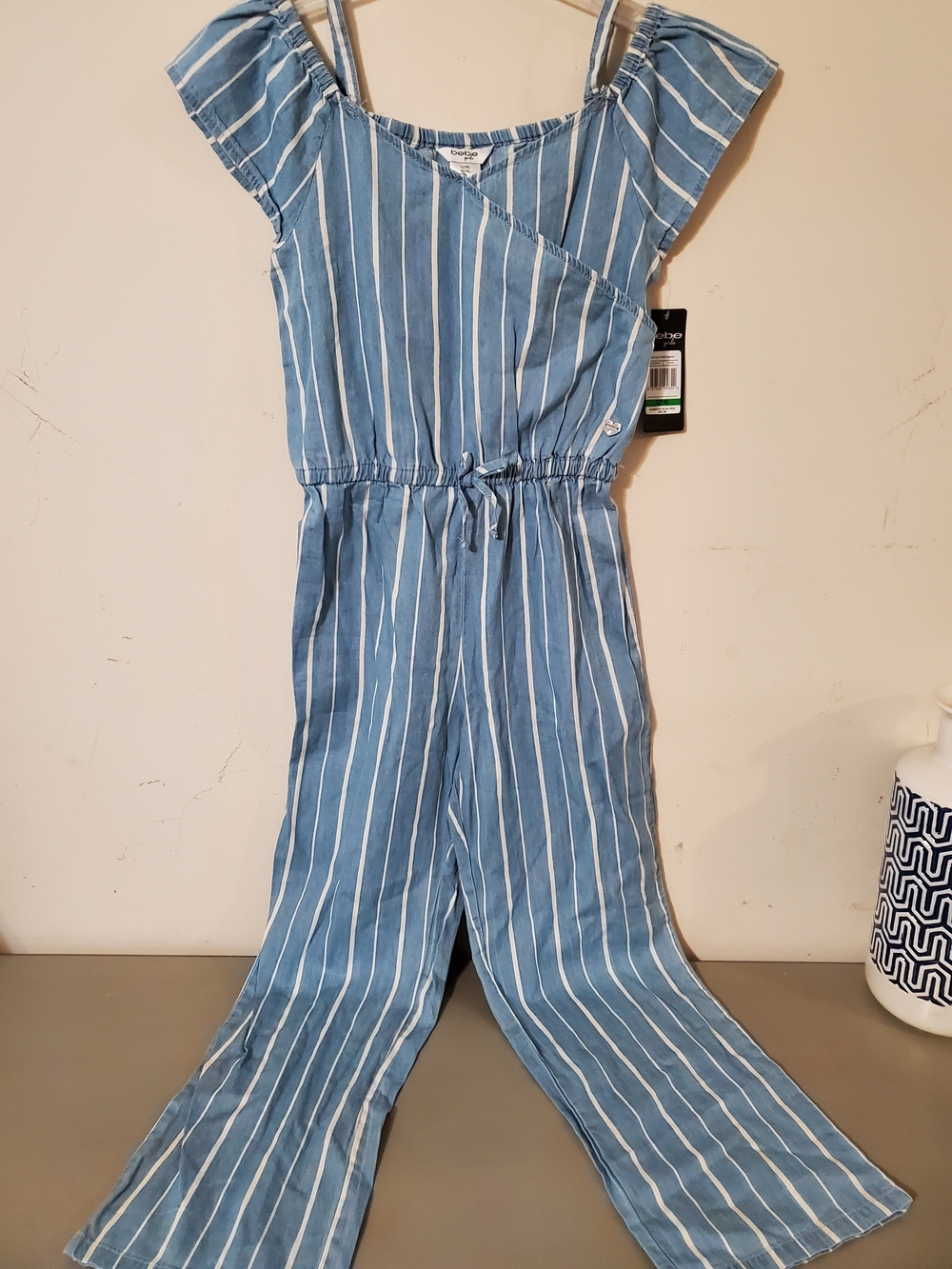 bebe Girls Denim Striped Romper Jumpsuit Sz Large NWT